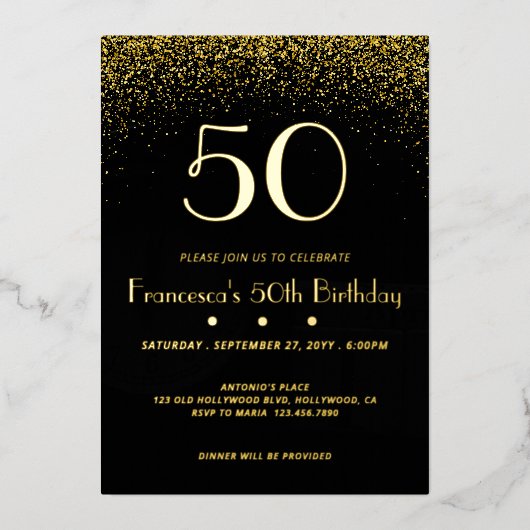 ブラックエレガント50番目の誕生日フォイル招待状 箔招待状 (正面)