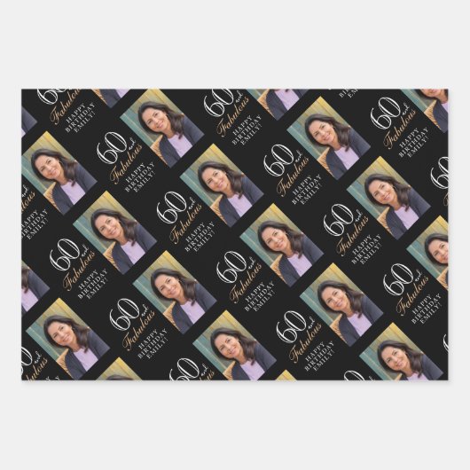 ブラックエレガント60と素晴らしい60番目の誕生日写真 ラッピングペーパーシート (正面3)