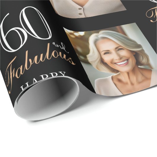 ブラックエレガント60と素晴らしい60番目の誕生日写真 ラッピングペーパー (ロールコーナー)