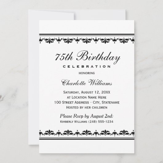 ブラックエレガント75thバースデーパーティーお祝い 招待状 (正面)
