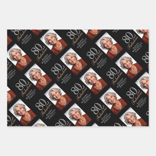 ブラックエレガント80と素晴らしい80番目の誕生日写真 ラッピングペーパーシート (正面3)