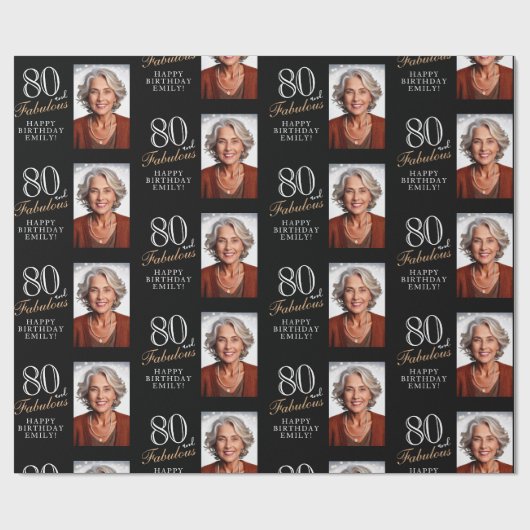 ブラックエレガント80と素晴らしい80番目の誕生日写真 ラッピングペーパー (フラット)