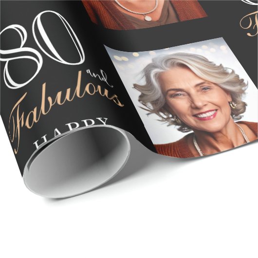 ブラックエレガント80と素晴らしい80番目の誕生日写真 ラッピングペーパー (ロールコーナー)