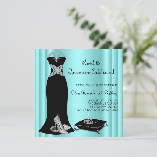 ブラックエレガント&ティール(緑がかった色)ブルーキンセアニェラ 招待状 (スタンド正面)