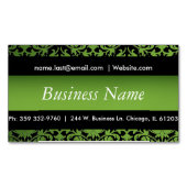 ブラックエレガント&ペリドットグリーンダマスクデザイン マグネット名刺 (正面)