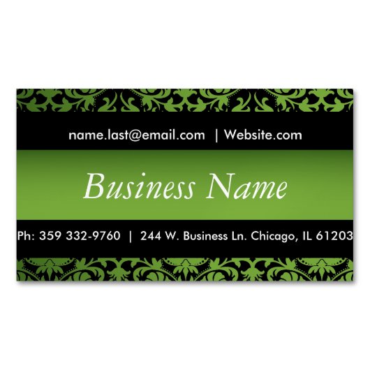 ブラックエレガント&ペリドットグリーンダマスクデザイン マグネット名刺