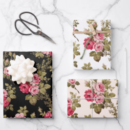 ブラックエレガント/ホワイト/バフBG上のピンクヴィンテージバラ ラッピングペーパーシート
