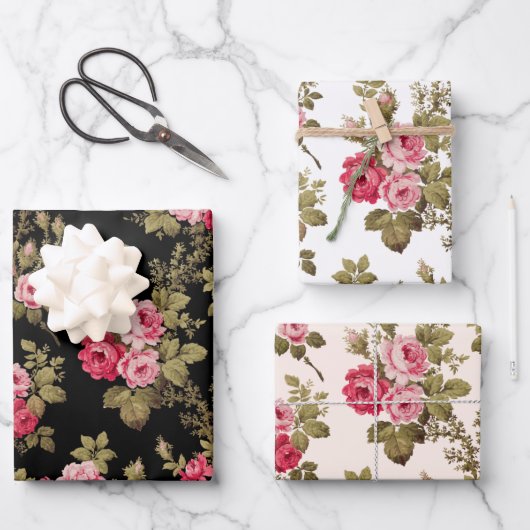ブラックエレガント/ホワイト/バフBG上のピンクヴィンテージバラ ラッピングペーパーシート (正面)