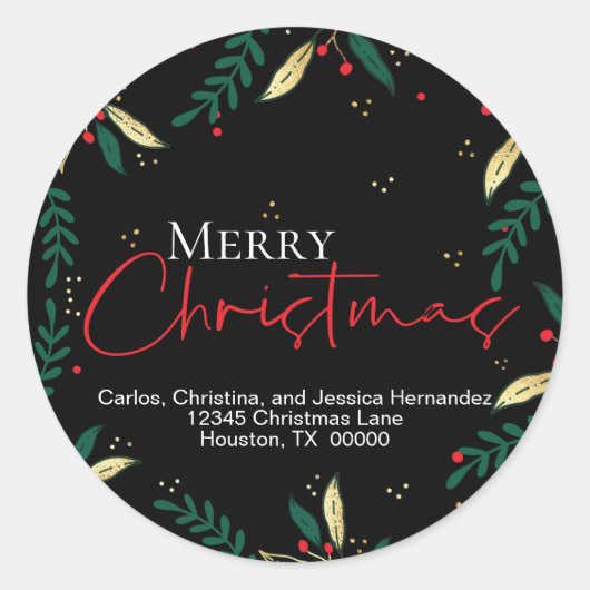 ブラックエレガント・メリー・クリスマスに赤金ゴールドが緑 ラウンドシール (正面)