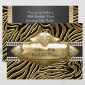 ブラックエレガント&金ゴールドゼブラ誕生日パーティー 招待状 (正面/裏面)