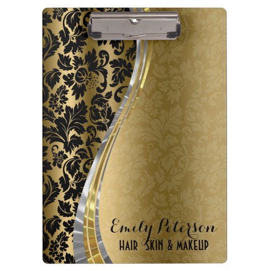 ブラックエレガント&金ゴールドダマスクとシルバーのアクセント クリップボード (正面)