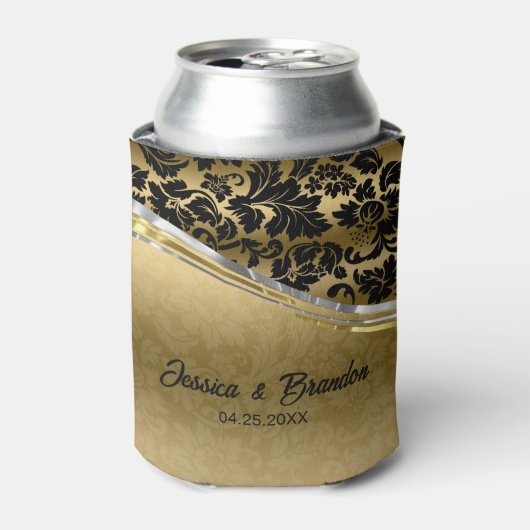 ブラックエレガント&金ゴールドダマスクとシルバーのアクセント 缶クーラー (缶正面)
