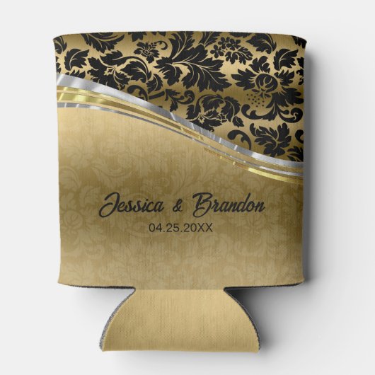 ブラックエレガント&金ゴールドダマスクとシルバーのアクセント 缶クーラー (裏面)