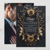 ブラックエレガント&金ゴールドフローララグジュアリーデザイン 招待状 (正面/裏面)
