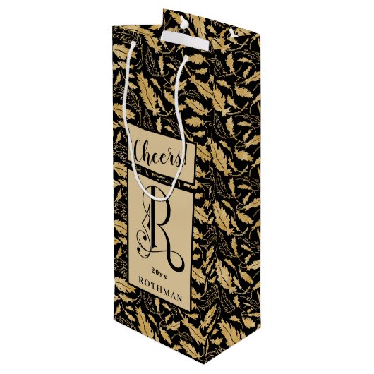 ブラックエレガント&金ゴールドリーフパターンモノグラムR ワインギフトバッグ (裏面アングル)