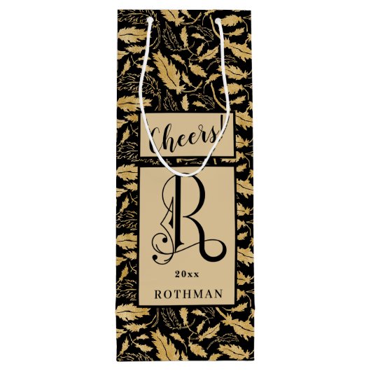 ブラックエレガント&金ゴールドリーフパターンモノグラムR ワインギフトバッグ (裏面)