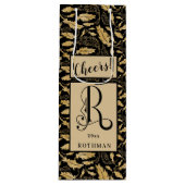 ブラックエレガント&金ゴールドリーフパターンモノグラムR ワインギフトバッグ (正面)