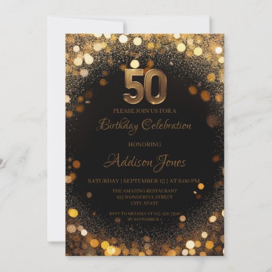 ブラックエレガント&金ゴールド50番目の誕生日招待状 招待状 (正面)