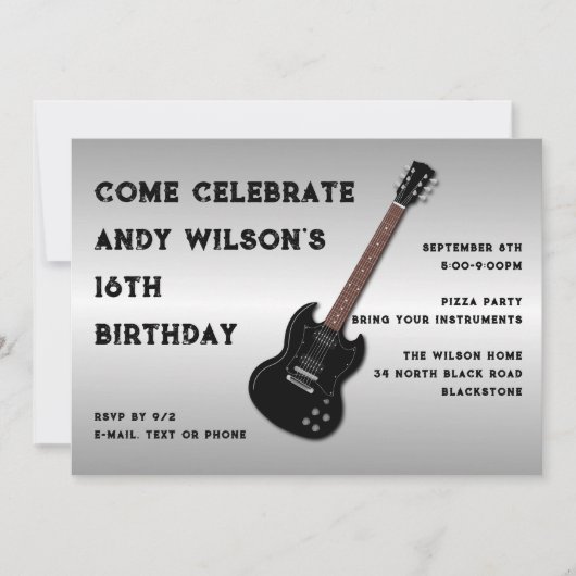 ブラックエレクトリックギタ10代のーボーイ誕生日招待状 招待状 (正面)