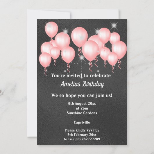 ブラックエンボスメタルピンクバルーン誕生日パーティー 招待状 (正面)