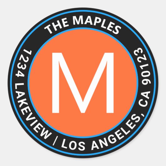 ブラックオはっきりしたレンジブルーサーキュラー差出人住所 ラウンドシール (正面)