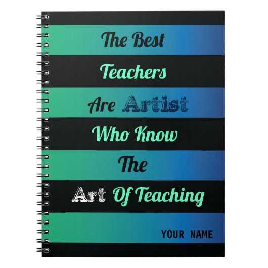 ブラックオストライプのンティール（緑がかった色）グリーンブルー背景引用文 ノートブック (正面)
