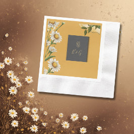 ブラックオニキスのレトロホワイトオレンジマーガレットの花 縁ありカクテルナプキン