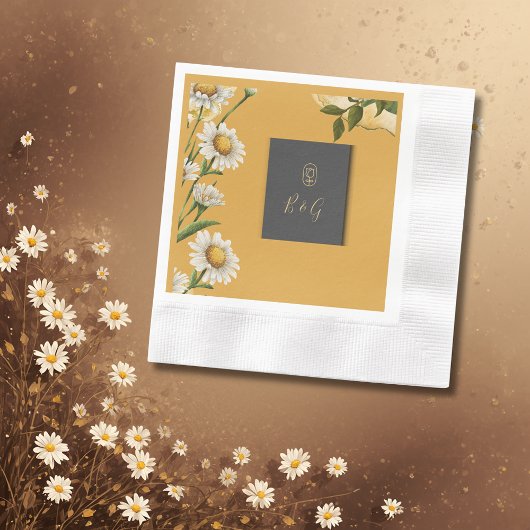 ブラックオニキスのレトロホワイトオレンジマーガレットの花 縁ありカクテルナプキン