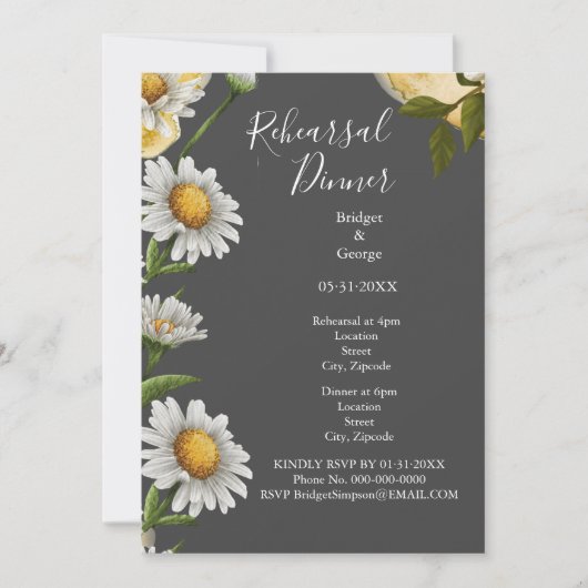 ブラックオニキスのレトロマーガレットの花のリハーサルディナー 招待状 (正面)
