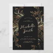 ブラックオニキスモダン金ゴールドボホリーフィーブライダルシャワー 招待状 (正面)