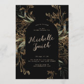 ブラックオニキスモダン金ゴールドボホリーフィーブライダルシャワー 招待状 (正面)