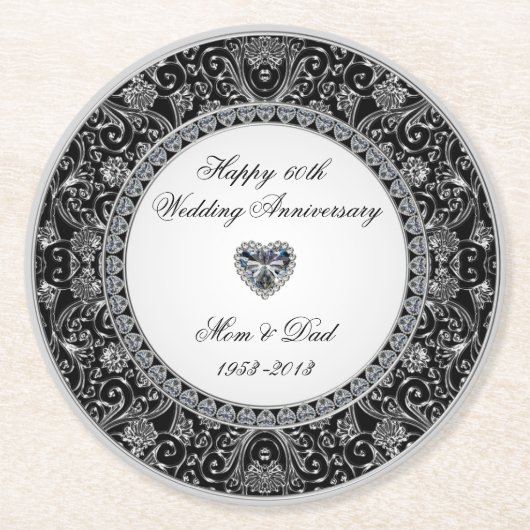 ブラックオニックススタイル結婚ダイヤモンド記念日 ラウンドペーパーコースター (正面)