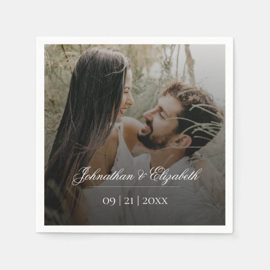 ブラックオモダンーバーレイ付き結婚写真 スタンダードカクテルナプキン (正面)