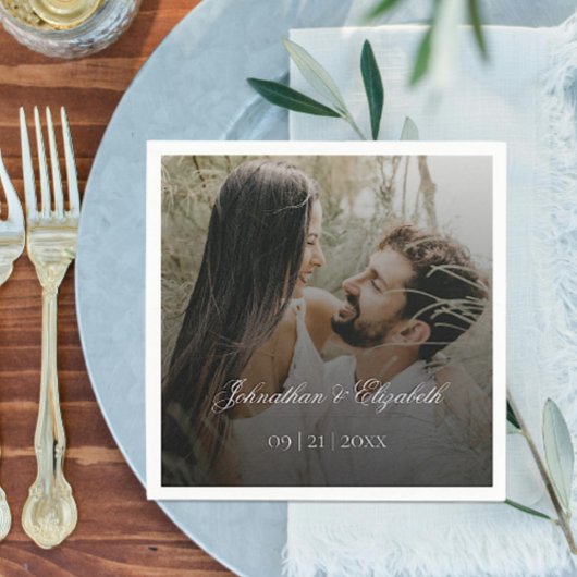 ブラックオモダンーバーレイ付き結婚写真 スタンダードカクテルナプキン