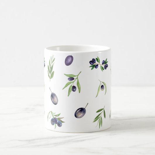 ブラックオリーブとオリーブの枝の水色 コーヒーマグカップ (中央)