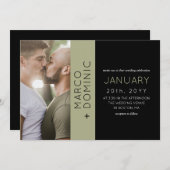 ブラックオリーブグリーンモダン結婚フォト 招待状 (正面/裏面)