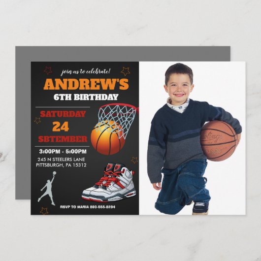 ブラックオレンジのバスケットボール写真を使った誕生日パーティーの招待状 招待状 (正面/裏面)