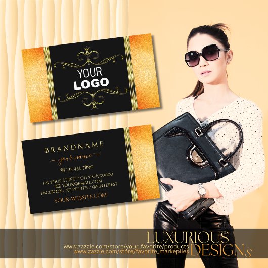 ブラックオレンジグリッターゴールデン華美オーナメントロゴ 名刺