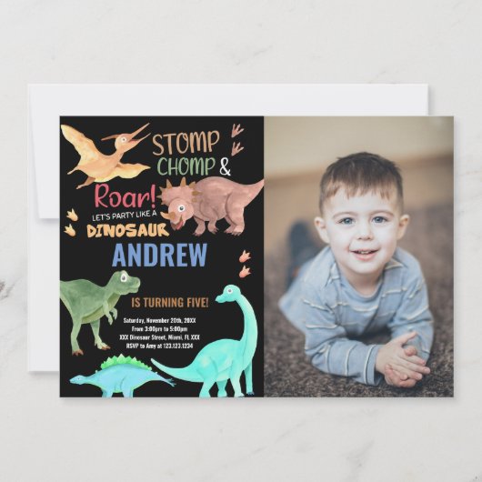 ブラックオレンジグリーン写真恐竜誕生日 招待状 (正面)