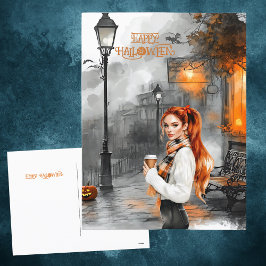 ブラックオレンジシックガール幽霊のよく出る通りハロウィーン シーズンポストカード