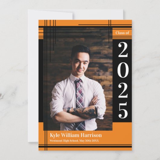 ブラックオレンジスクールカラー卒業フォトプレイド 招待状 (正面)