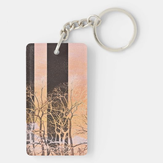 ブラックオレンジストライプ色の木がデジタルアートに枝 キーホルダー (裏面)
