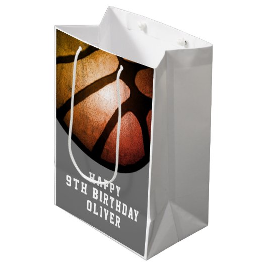 ブラックオレンジバスケットボールスポーツ誕生日 ミディアムペーパーバッグ (正面アングル)