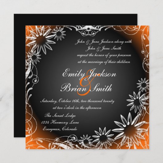 ブラックオレンジフェードデイジーフラワー結婚式招待状 招待状 (正面/裏面)