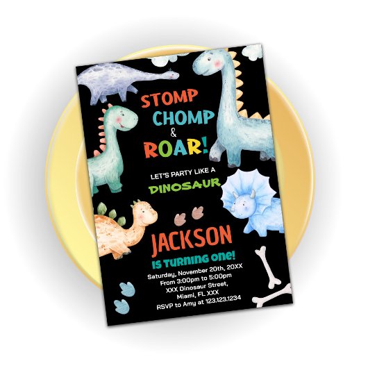 ブラックオレンジ恐竜誕生日招待状 招待状