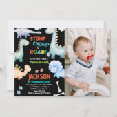 ブラックオレンジ恐竜誕生日招待状w photo 招待状 (正面)