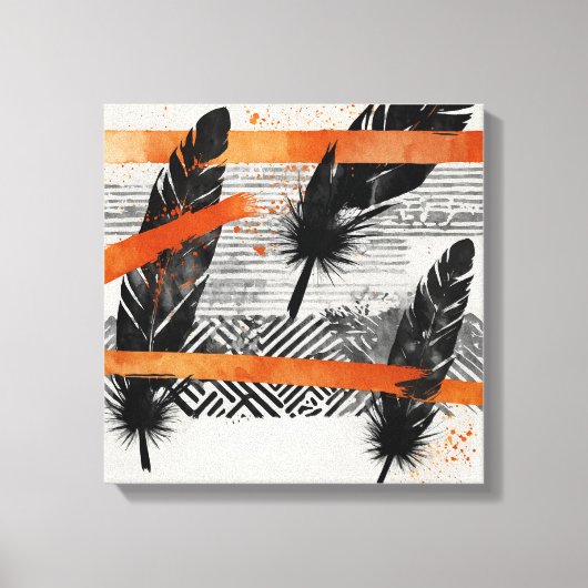 ブラックオレンジ抽象芸術羽毛ウォーターカラーウォールアート キャンバスプリント (正面)
