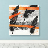 ブラックオレンジ抽象芸術羽毛ウォーターカラーウォールアート キャンバスプリント (インサイチュ (ウッドフロア))