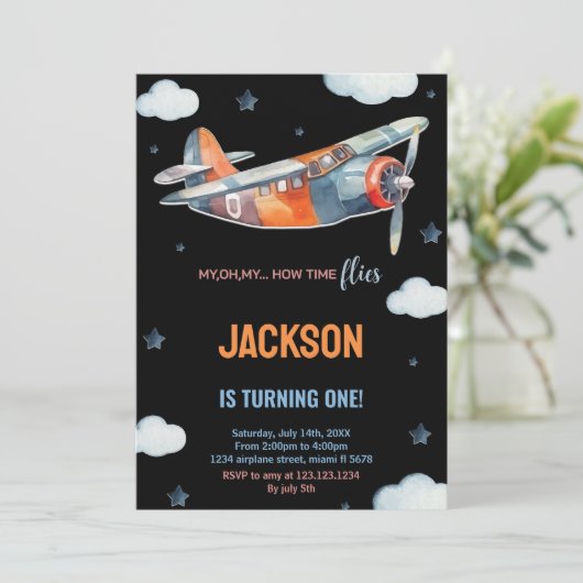 ブラックオレンジ色の飛行機誕生日招待状 招待状 (スタンド正面)