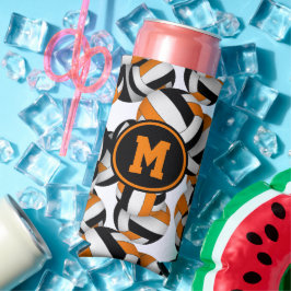 ブラックオレンジ色バレーボールパターンwプレーヤーモノグラム スリム缶クーラー